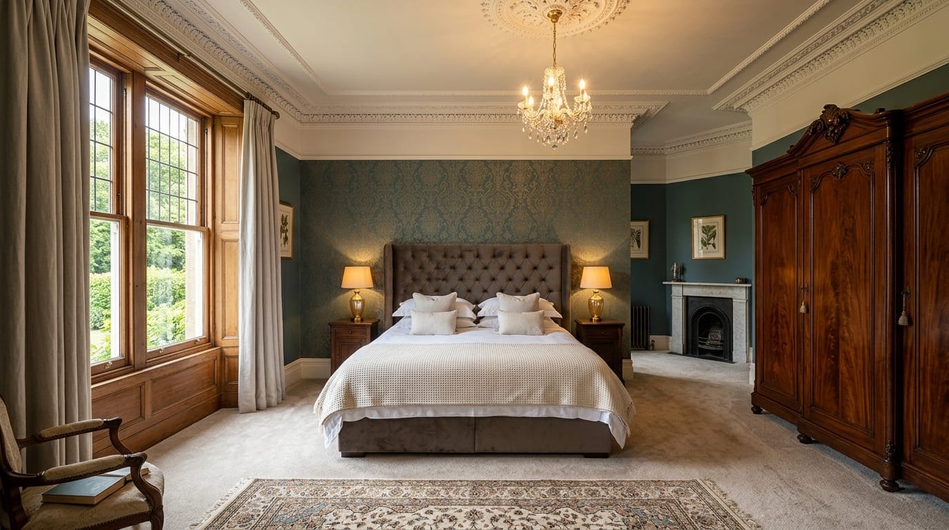 British master bedroom with luxury tufted upholstered ottoman bed and deep carpet