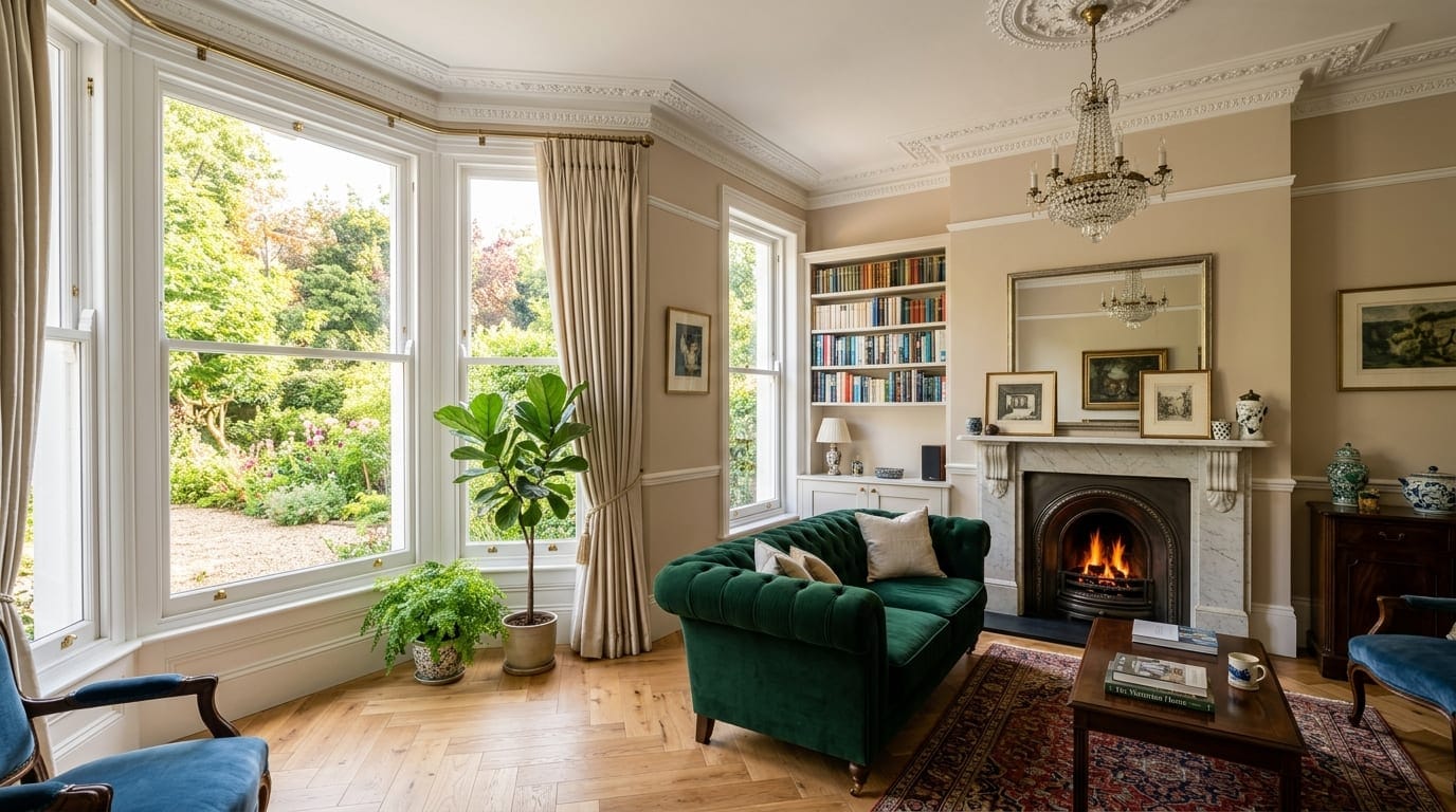 British Victorian living room with bay window and oak herringbone engineered wood flooring