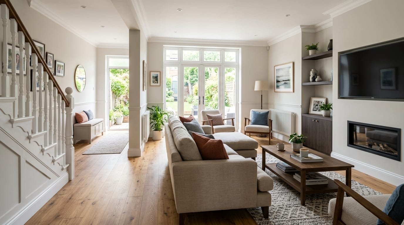 British family home living room and dining area with natural oak laminate flooring