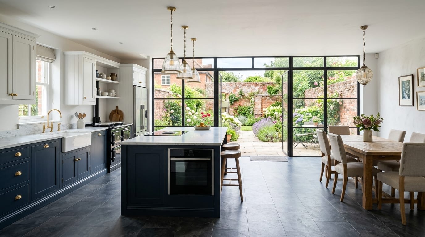 British shaker kitchen extension with luxury vinyl tile flooring and garden doors