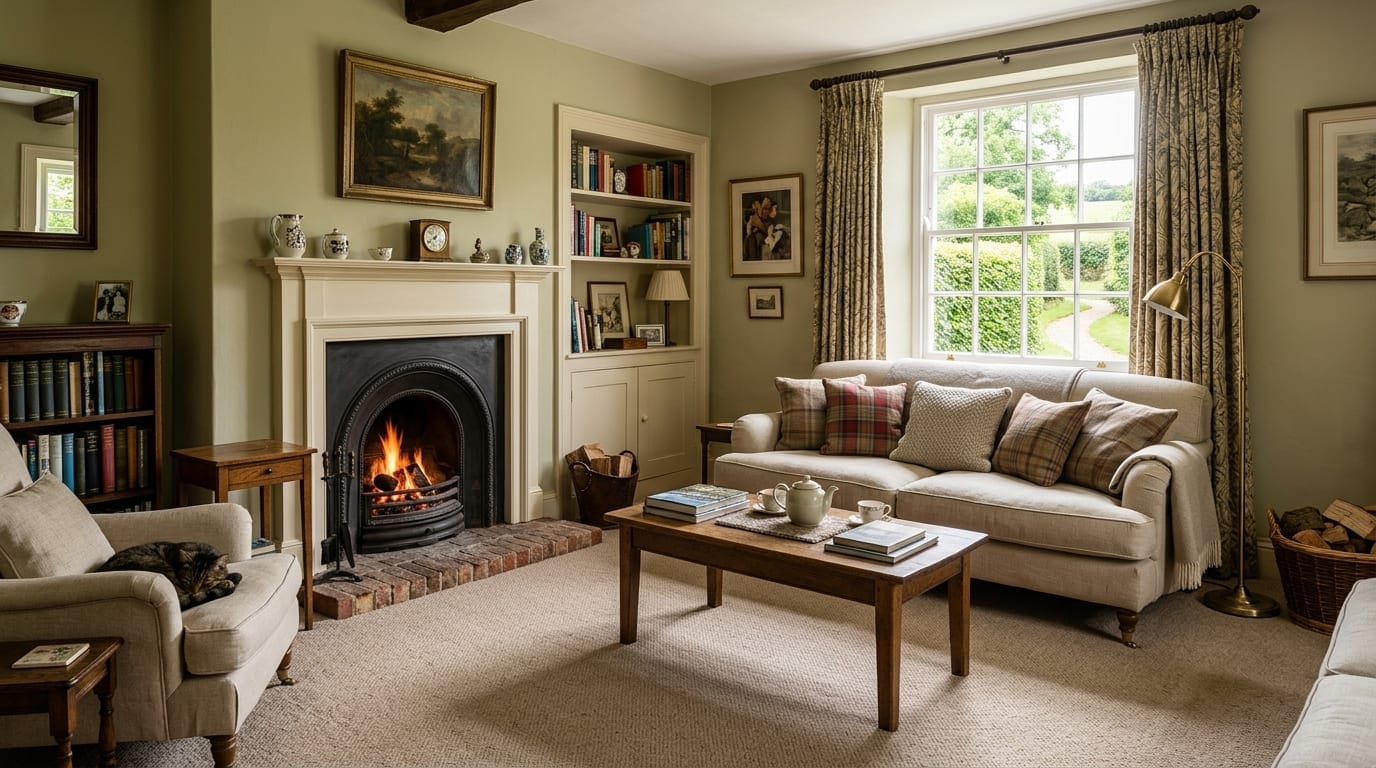 Cozy British lounge with fireplace and plush neutral wool twist carpet